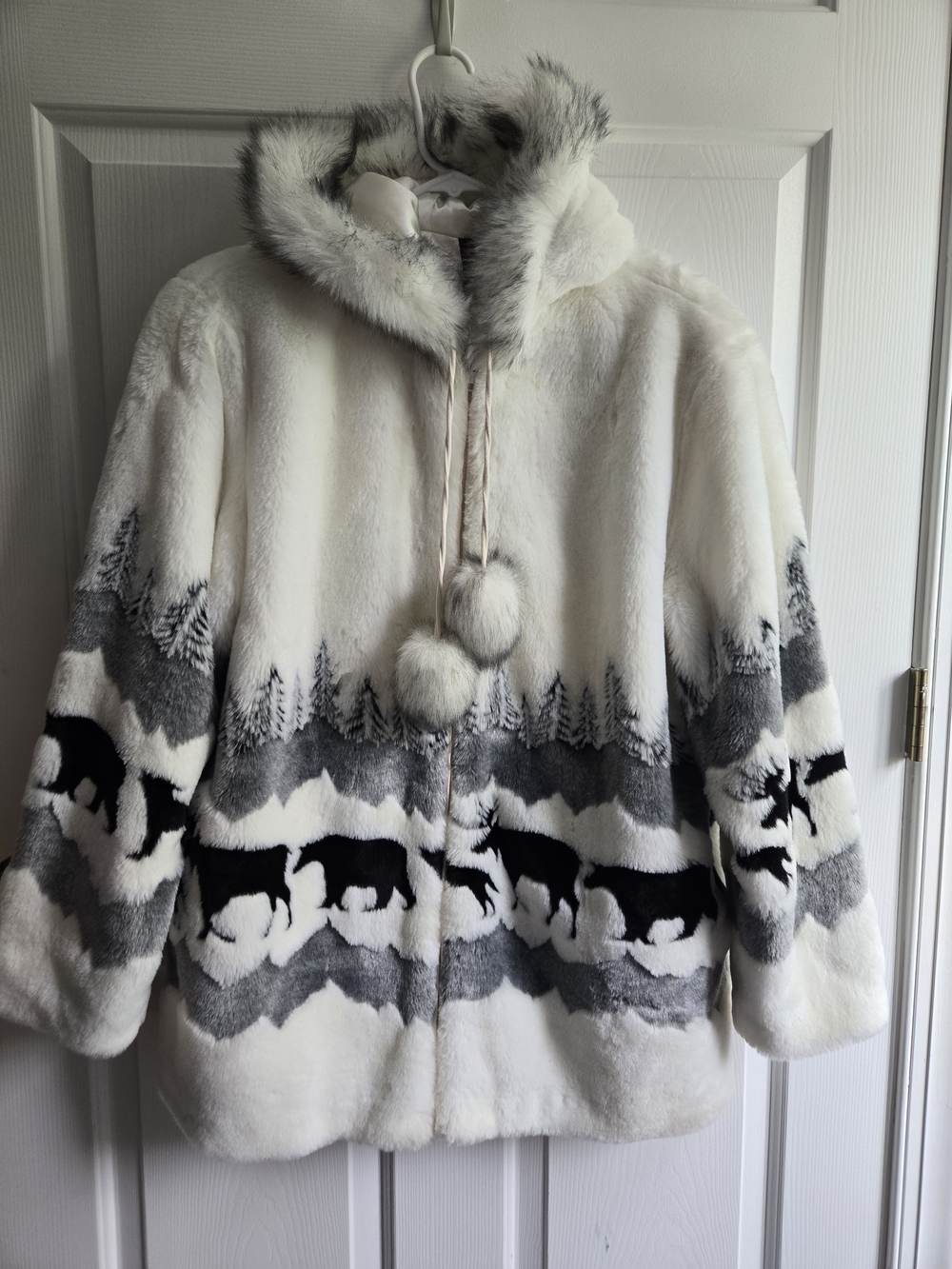 White Faux Fur Hooded Parka with Gray & Black Bear Motif